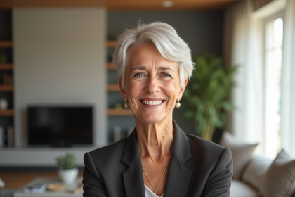 Femme élégante de 60 ans souriante dans un salon moderne