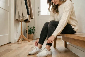 Femme enfilant une paire de sneakers confortables dans un couloir d'entrée scandinave chaleureux