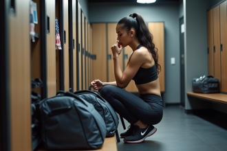 Jeune femme sportive avec sacs de sport dans vestiaire