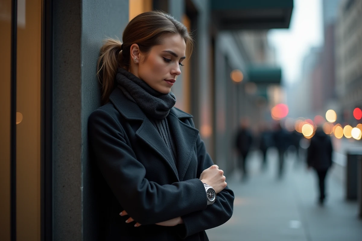Jeune femme urbaine vérifiant sa montre GMTMaster II