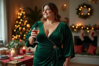 Femme confiante en robe vert velours pour noel