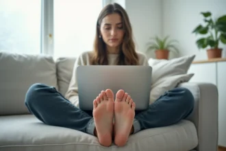 Femme assise sur un canapé avec les pieds nus au premier plan et un ordinateur portable, illustrant la vente de photos de pieds en ligne