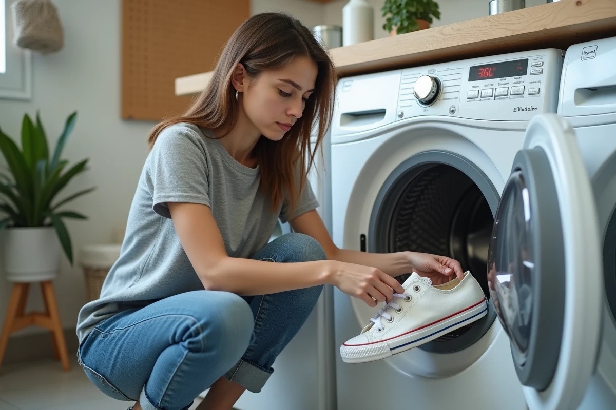 Femme lisant l'étiquette d'entretien d'une Converse avant de la mettre en machine à laver, illustrant l'importance des précautions de lavage