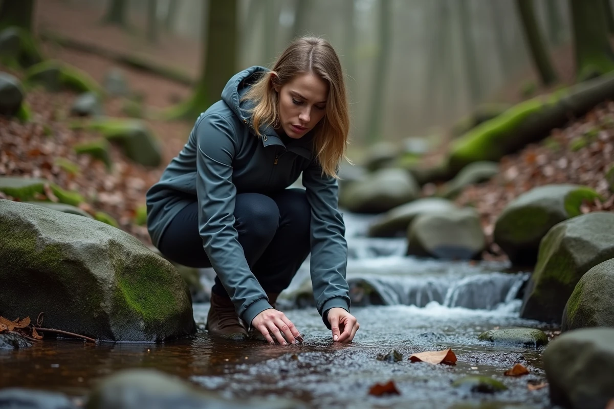 Femme en veste softshell grise WANABEE accroupie près d'un ruisseau en forêt lors d'une activité outdoor