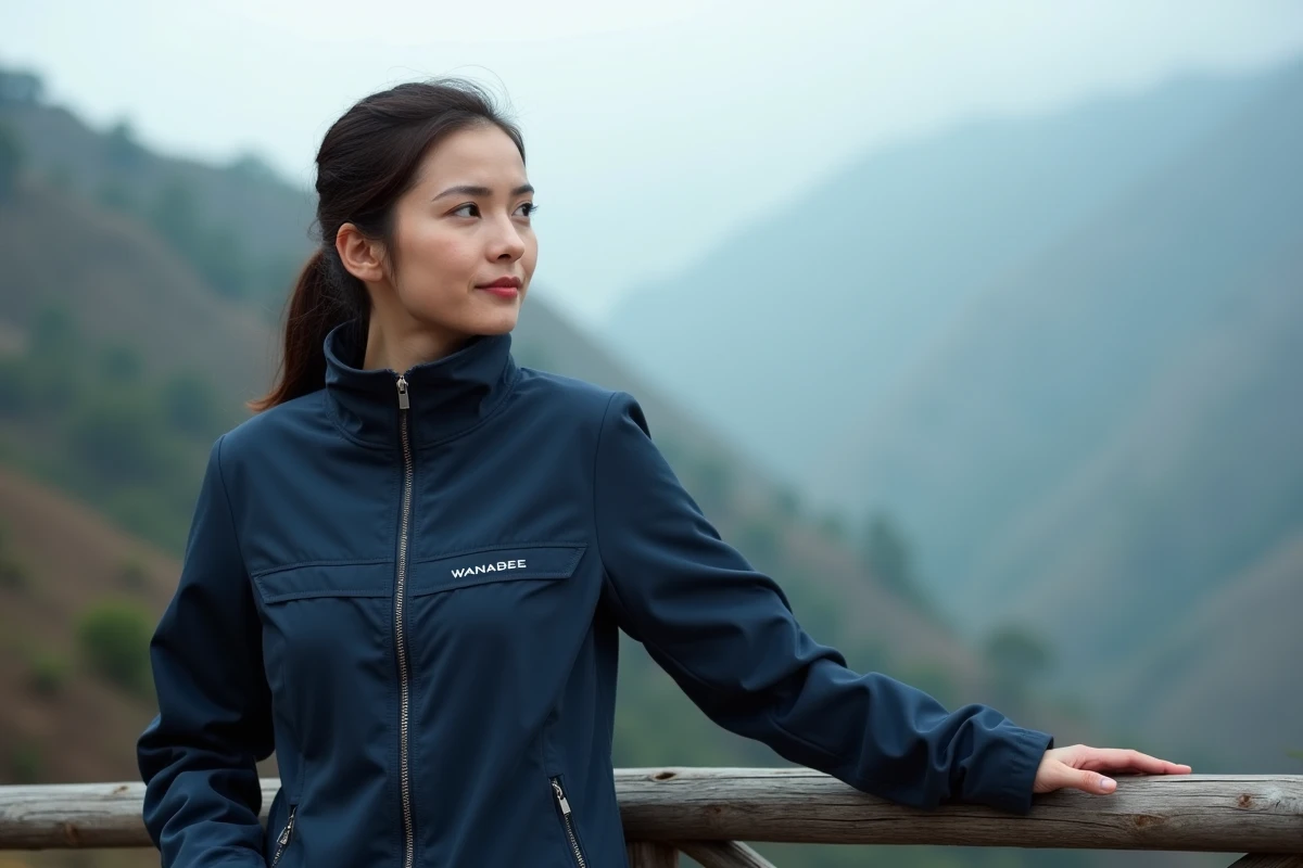 Femme avec veste softshell bleu marine WANABEE contemplant une vallée brumeuse depuis un point de vue panoramique