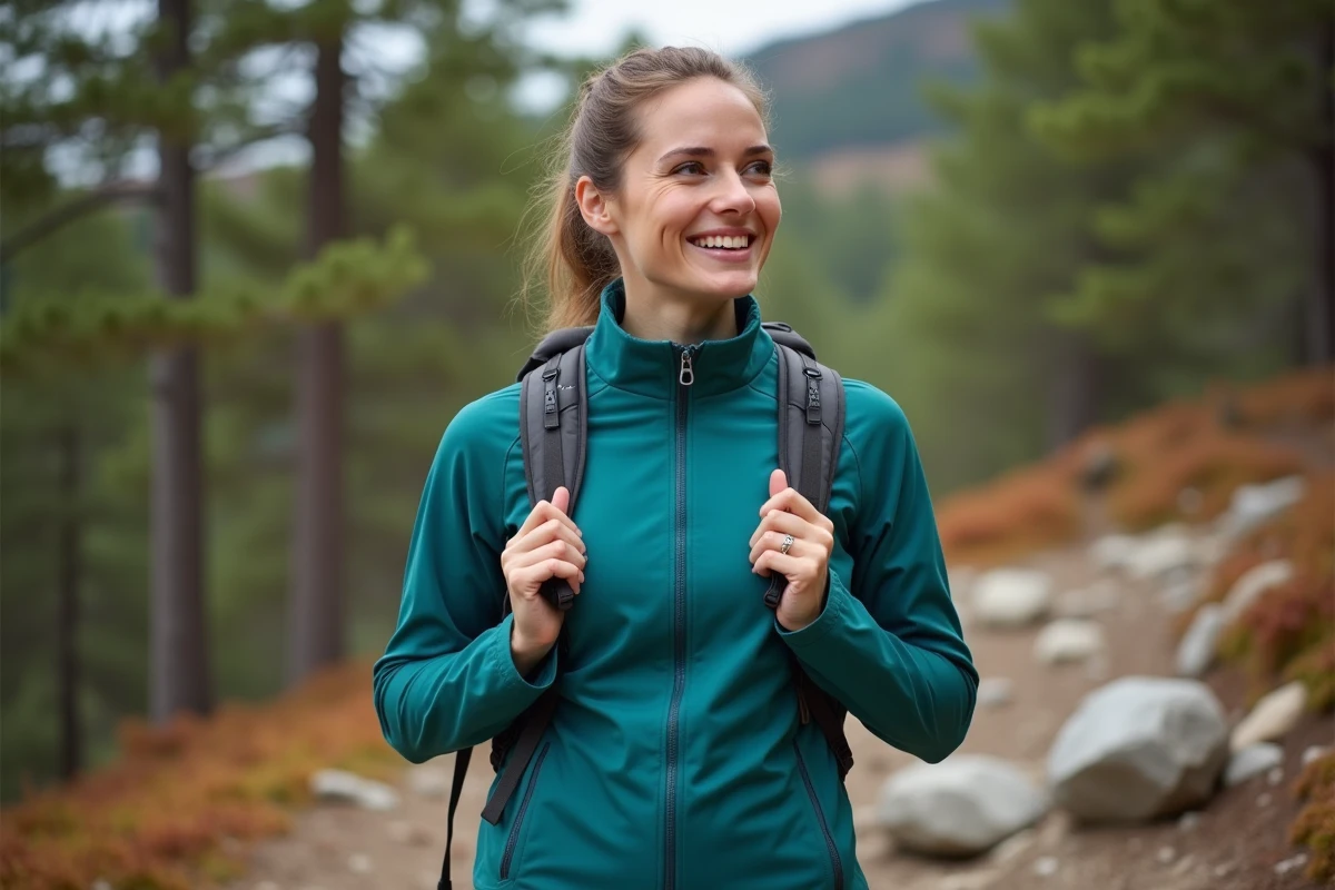 Femme portant une veste softshell WANABEE teal en randonnée sur un sentier de montagne entouré de pins