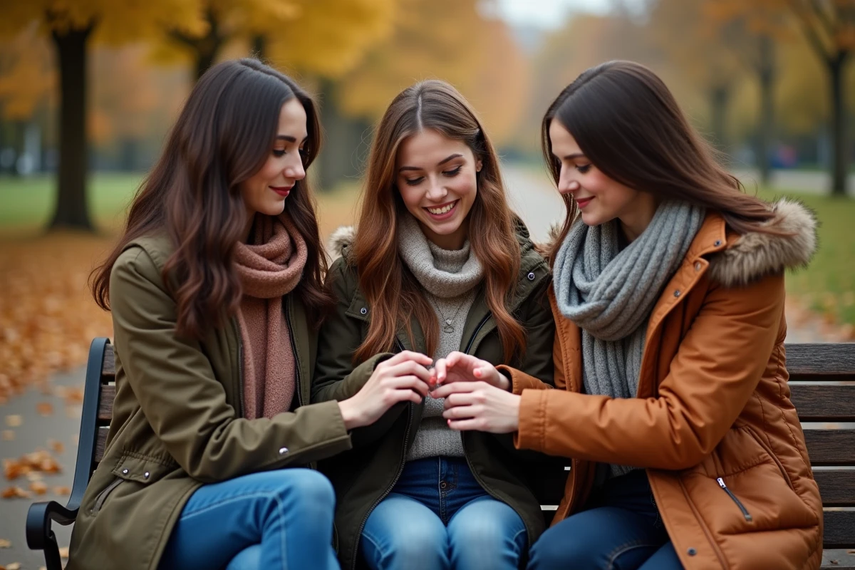 Trois jeunes femmes échangeant bagues et colliers en plein air