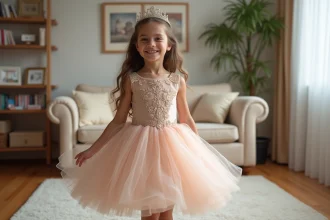 Jeune fille de 7 ans en robe de princesse souriante dans un salon chaleureux