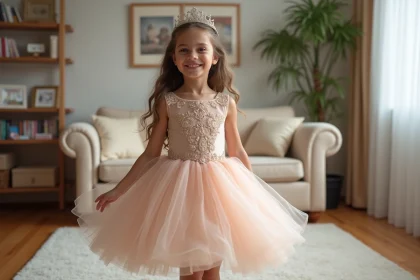 Jeune fille de 7 ans en robe de princesse souriante dans un salon chaleureux