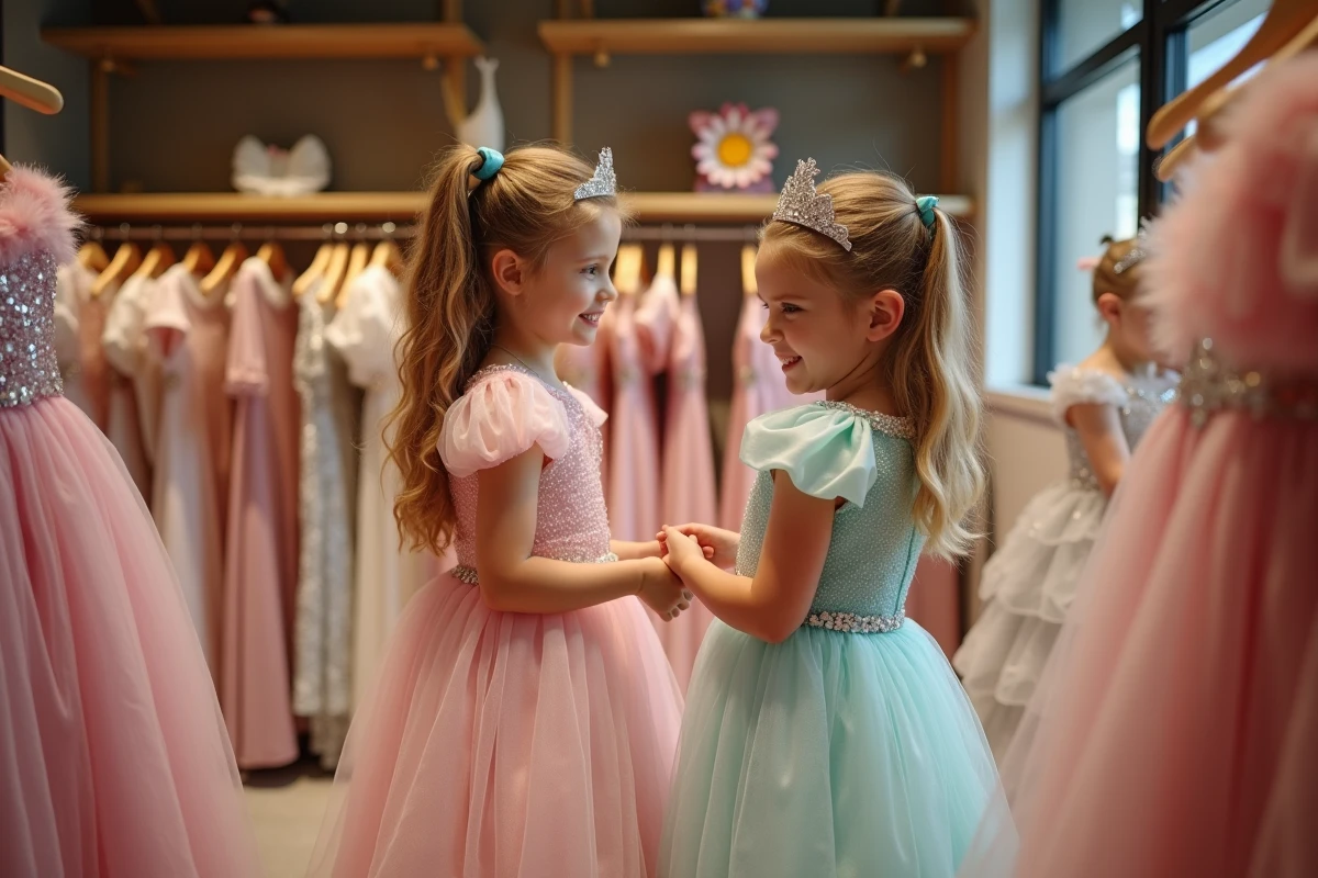 Deux jeunes filles essayant des costumes de princesse dans une boutique