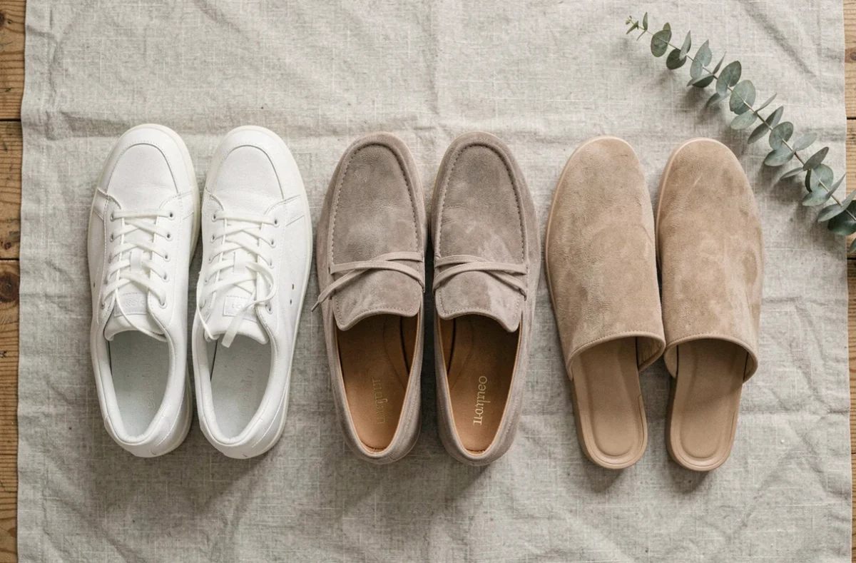 Trio de chaussures confortables du quotidien disposées en flat lay sur tissu lin neutre