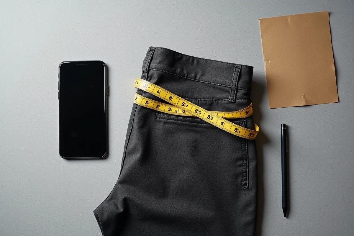 Flat lay d'un pantalon taille 30 avec ruban de couturière et guide des tailles sur smartphone