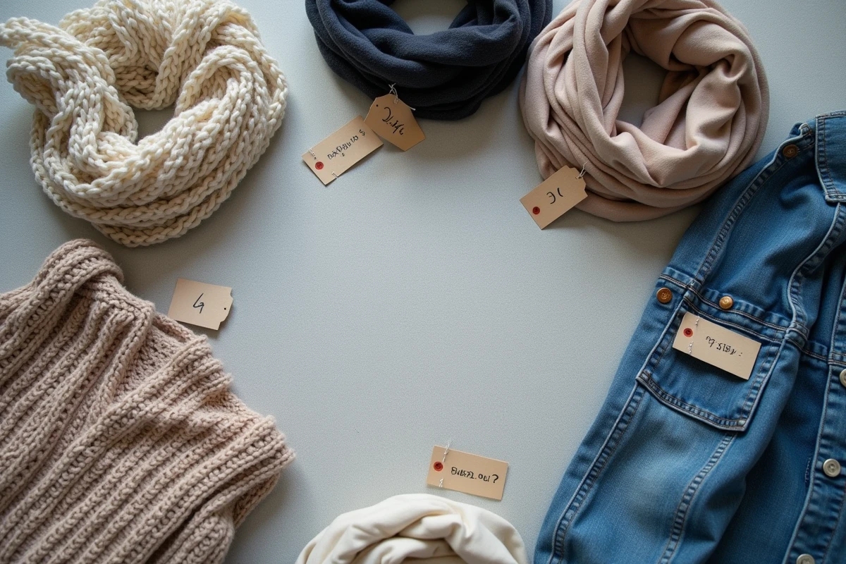 Flat lay de vêtements mixtes avec étiquettes de catégorie floues sur fond en lin gris, illustrant la catégorie Sonstiges