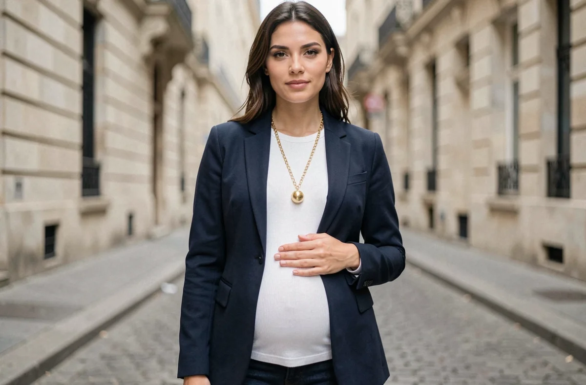 Future maman élégante portant un bola de grossesse doré sur un blazer marine dans une rue parisienne