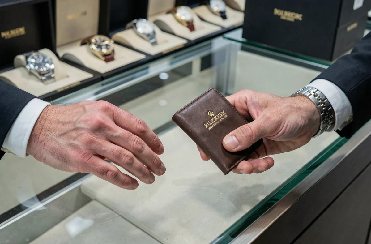 Gros plan sur les mains d'un client portant une Rolex et d'un revendeur tenant un catalogue de prix lors d'une négociation horlogère
