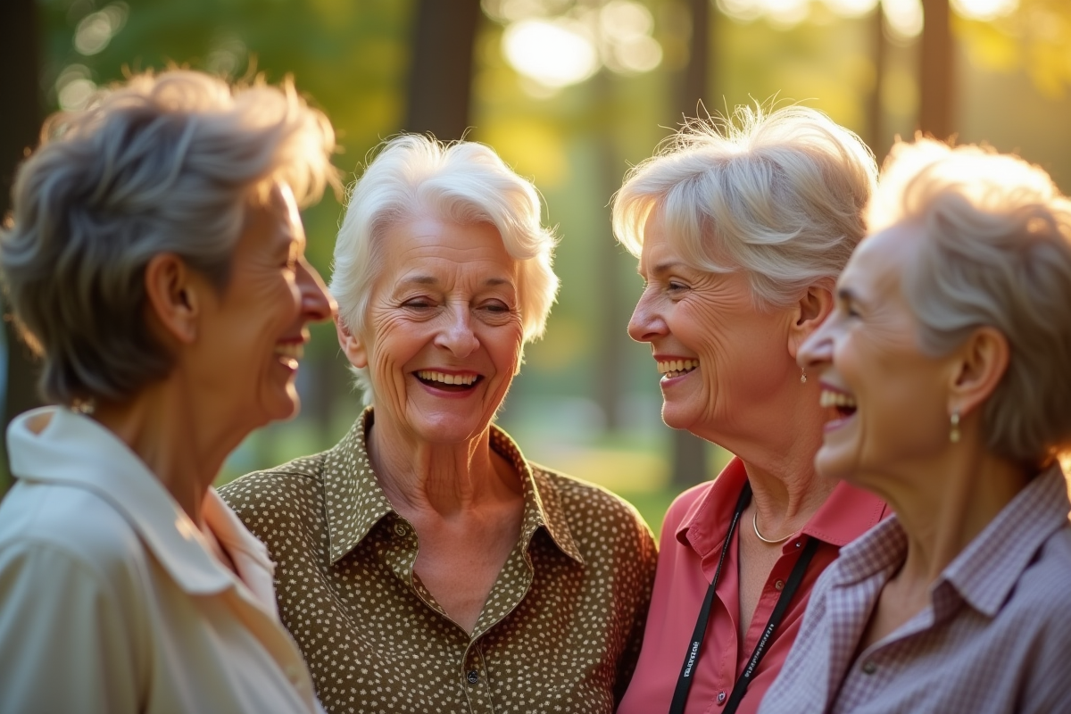 Femmes de 60 ans riant ensemble dans un parc ensoleille