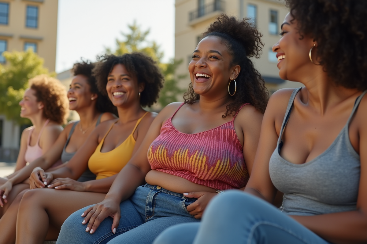 Groupe de femmes diverses riant ensemble en ville ensoleillee