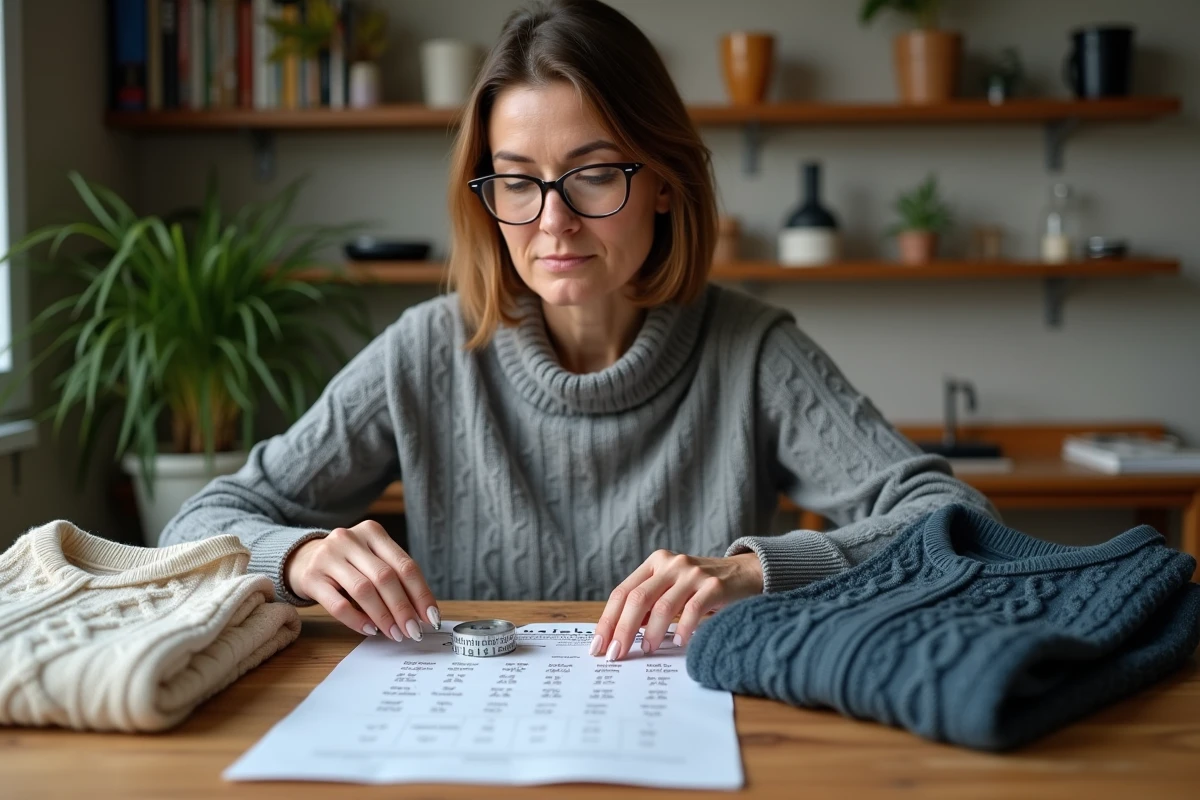 Femme consultant un guide des tailles à domicile avec un mètre ruban et deux pulls de tailles différentes sur la table