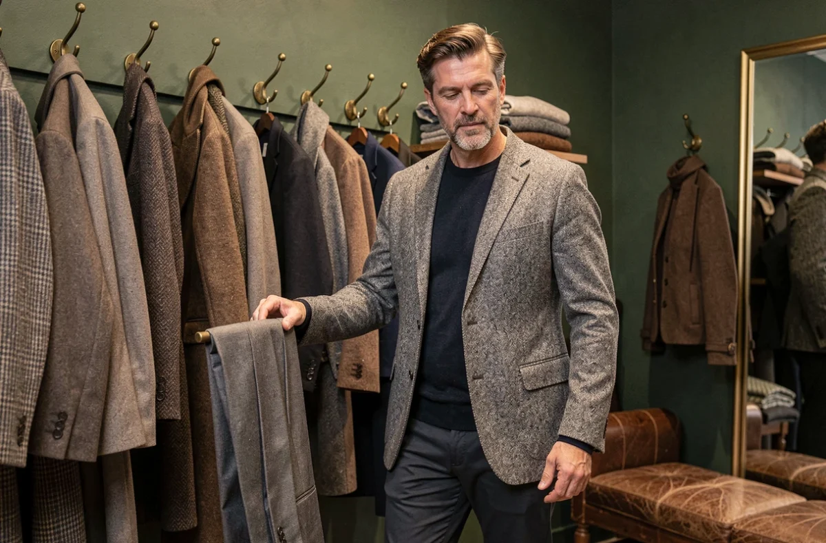 Homme au style masculin patrimonial dans la boutique Harris Wilson à Lille