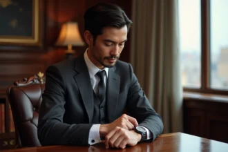 Homme d'affaires en costume ajusté portant une montre GMTMaster II