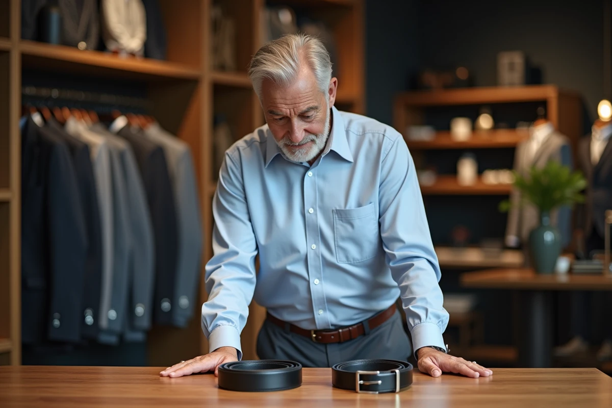 Homme examine deux ceintures dans une boutique chic