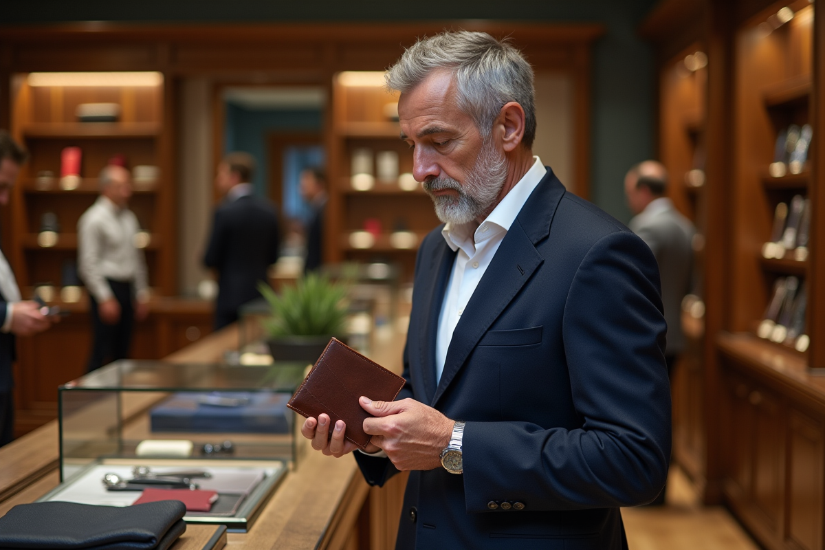 Homme d age en costume dans une boutique parisienne luxe
