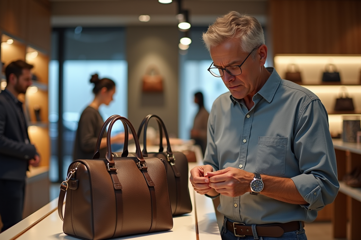 Homme d'âge moyen examinant deux sacs de luxe en boutique