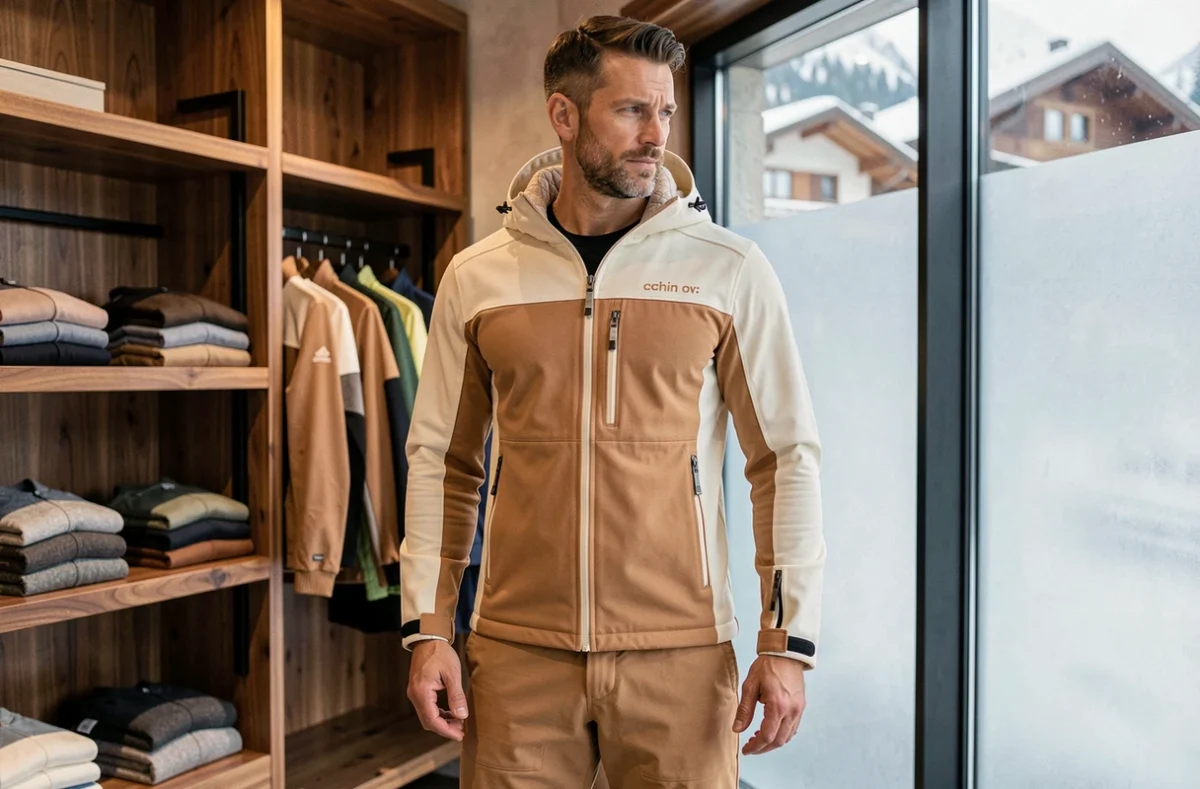 Homme essayant une combinaison de ski haut de gamme dans une boutique de luxe alpine