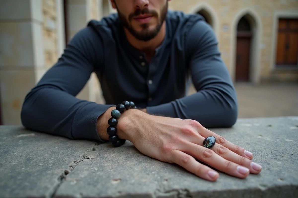 Homme barbu portant un bracelet artisanal en pierres naturelles onyx et labradorite au poignet, appuyé sur une surface en béton urbaine