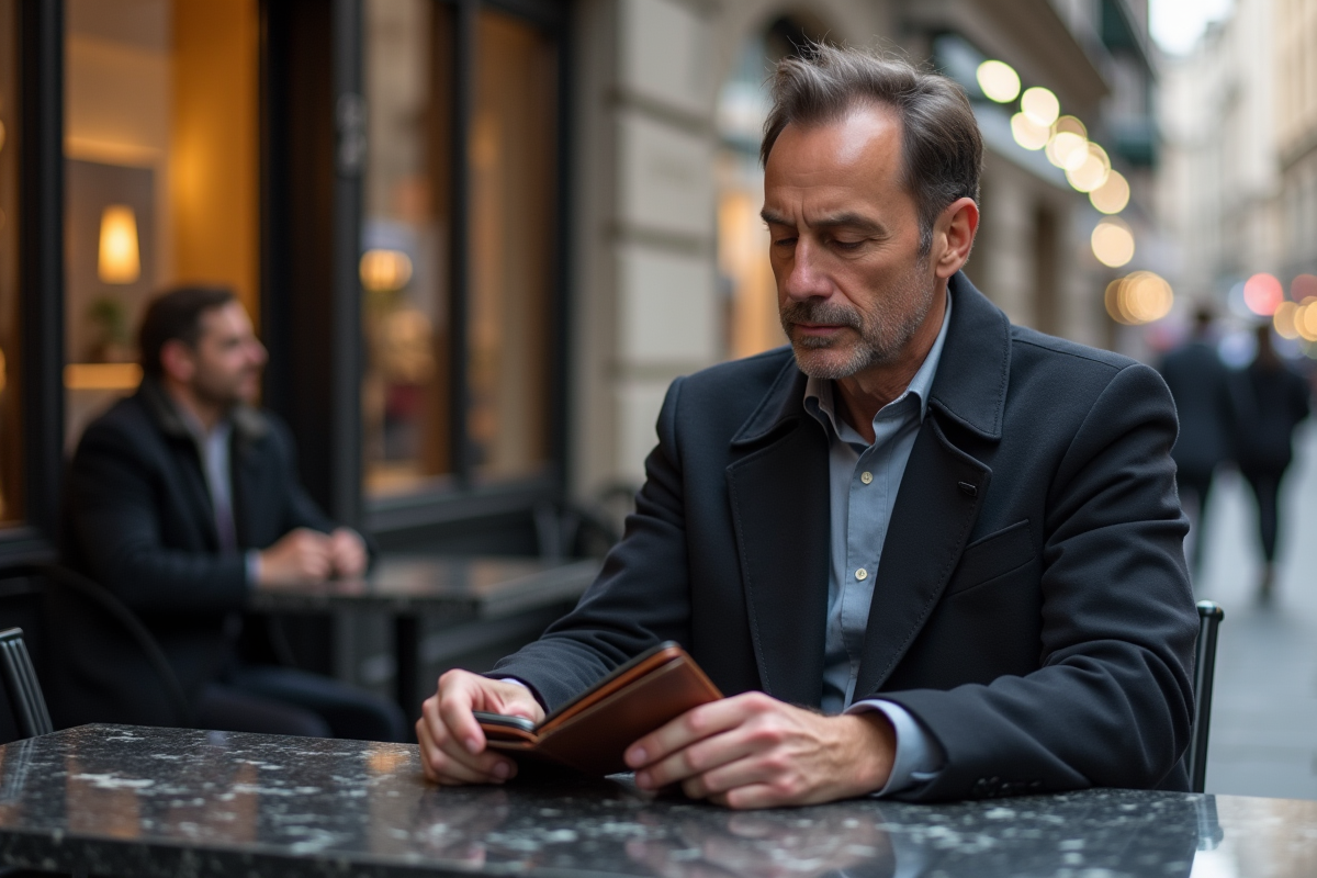 Homme réfléchi avec portefeuille dans un café chic