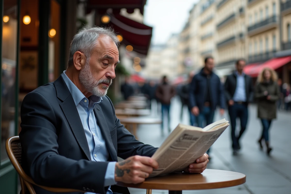Homme assis au café parisien avec journal et tatouages