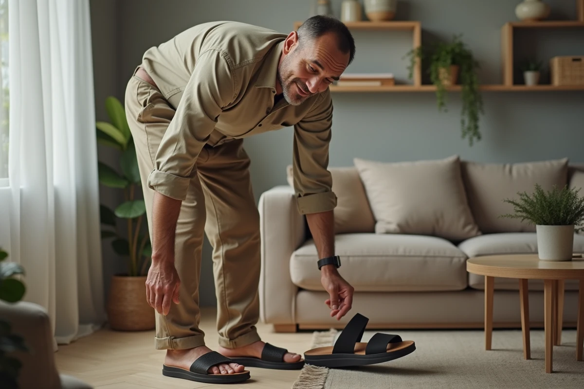 Homme mettant des sandales ergonomiques dans un salon moderne