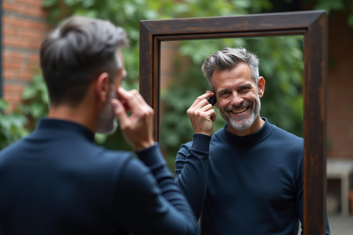 Homme se regardant dans un miroir en extérieur urbain