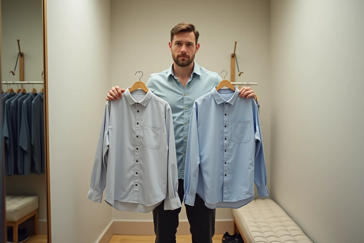 Homme comparant deux chemises IKKS de coupes différentes dans une cabine d'essayage moderne