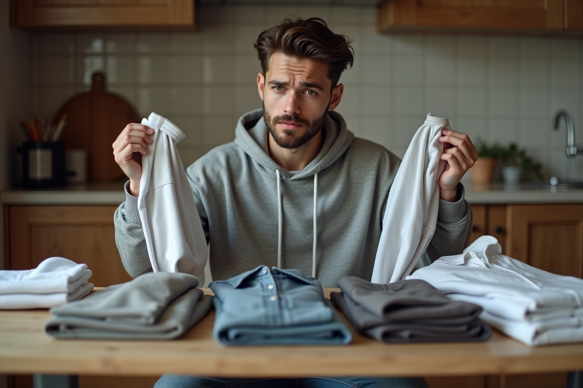 Homme comparant deux chemises dans une cuisine chaleureuse