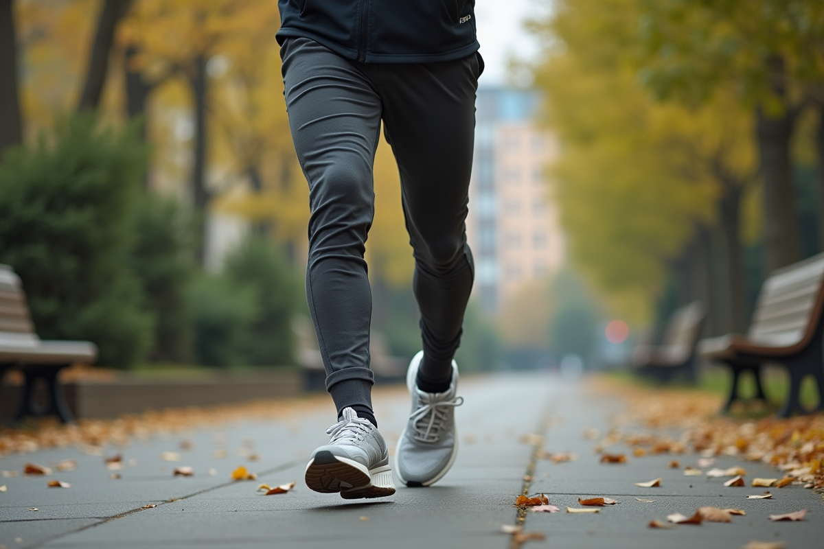 Homme d age moyen courant dans un parc urbain avec sneakers