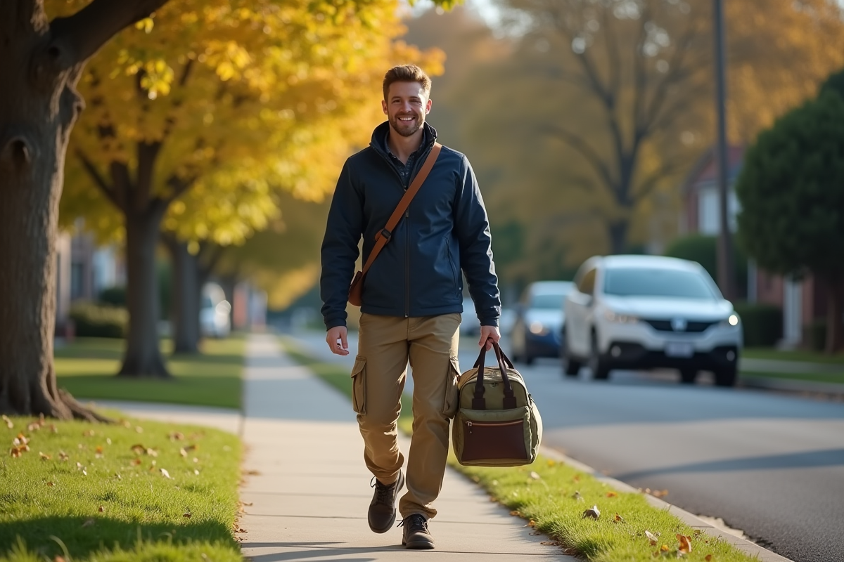 Homme marche avec sac de voyage dans un quartier résidentiel en weekend