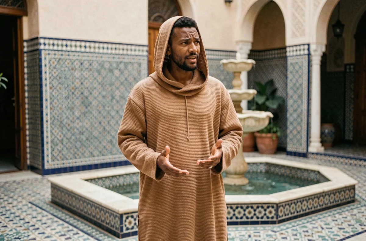 Homme en djellaba traditionnelle nord-africaine beige avec capuche dans une cour de riad ornée de zellige
