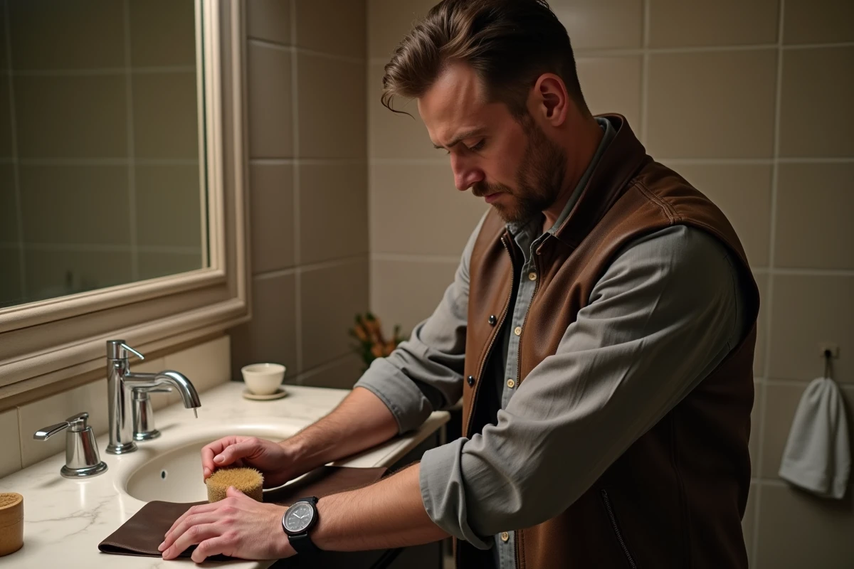 Homme entretenant un blouson en cuir marron usé avec une brosse et une crème réparatrice