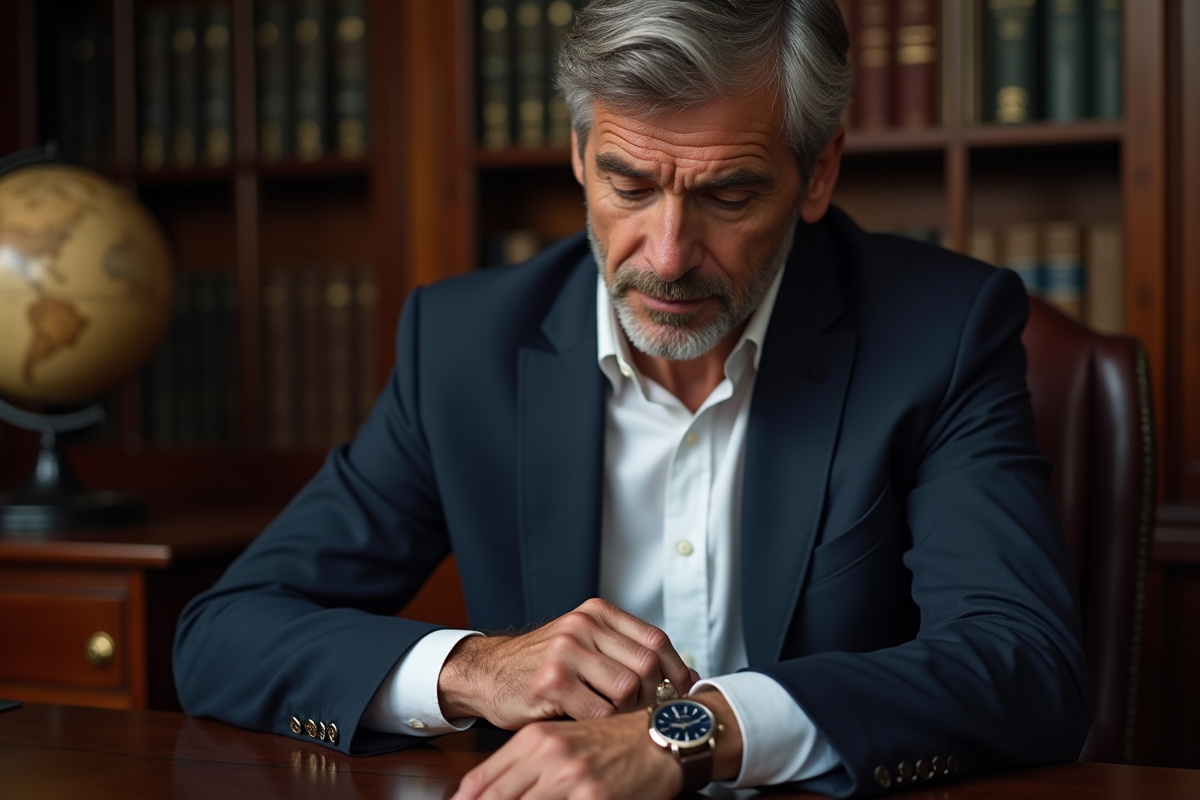 Homme d'âge moyen examinant une montre élégante dans un bureau sophistiqué