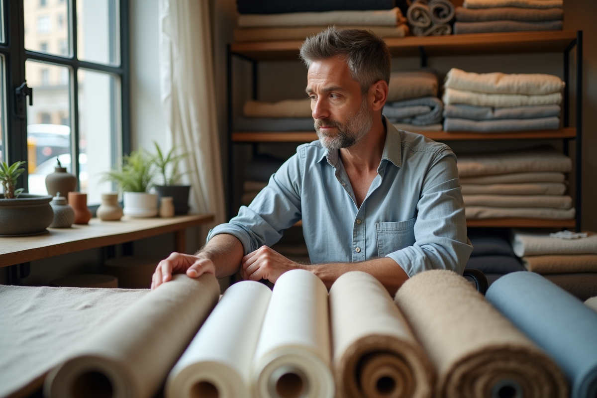 Homme examinant des rouleaux de tissus dans une boutique textile