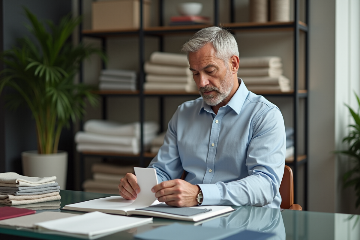 Homme regardant des échantillons de tissus dans un atelier moderne