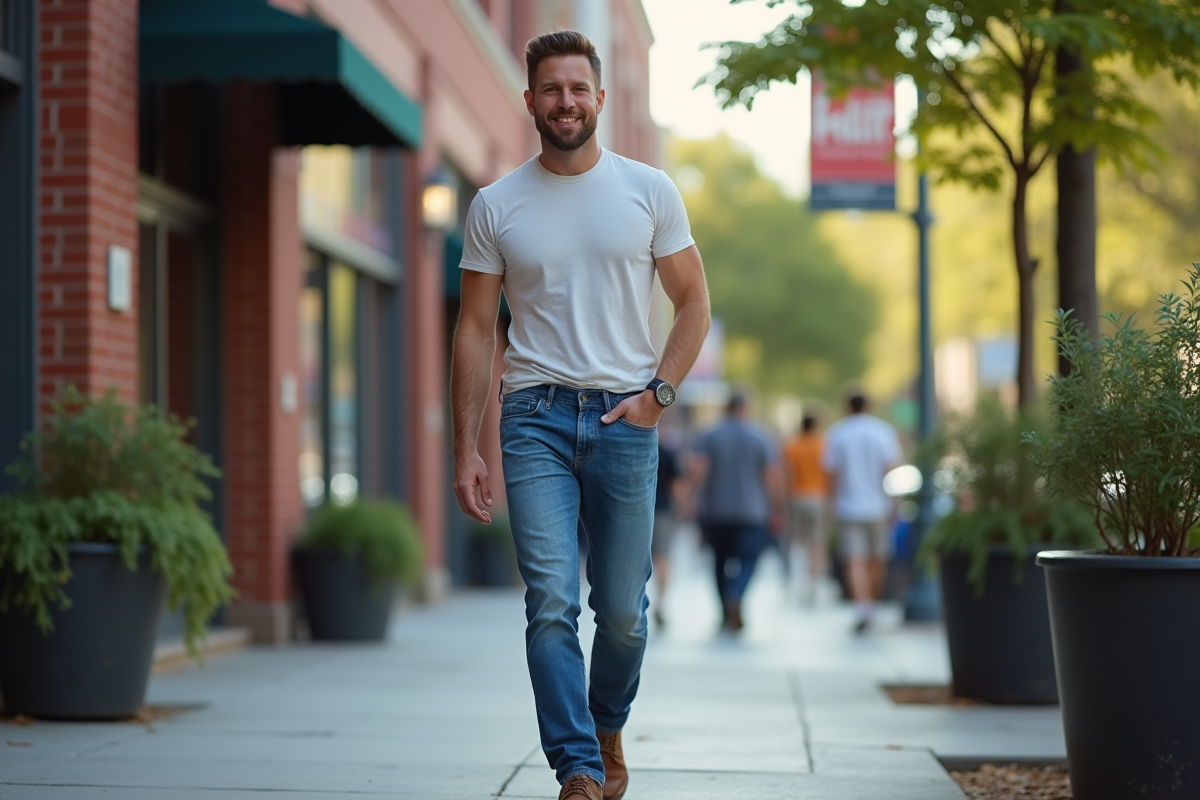 Homme en jean slim dans une rue urbaine animée