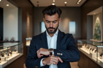 Homme d'affaires anxieux regardant sa montre luxe dans une boutique