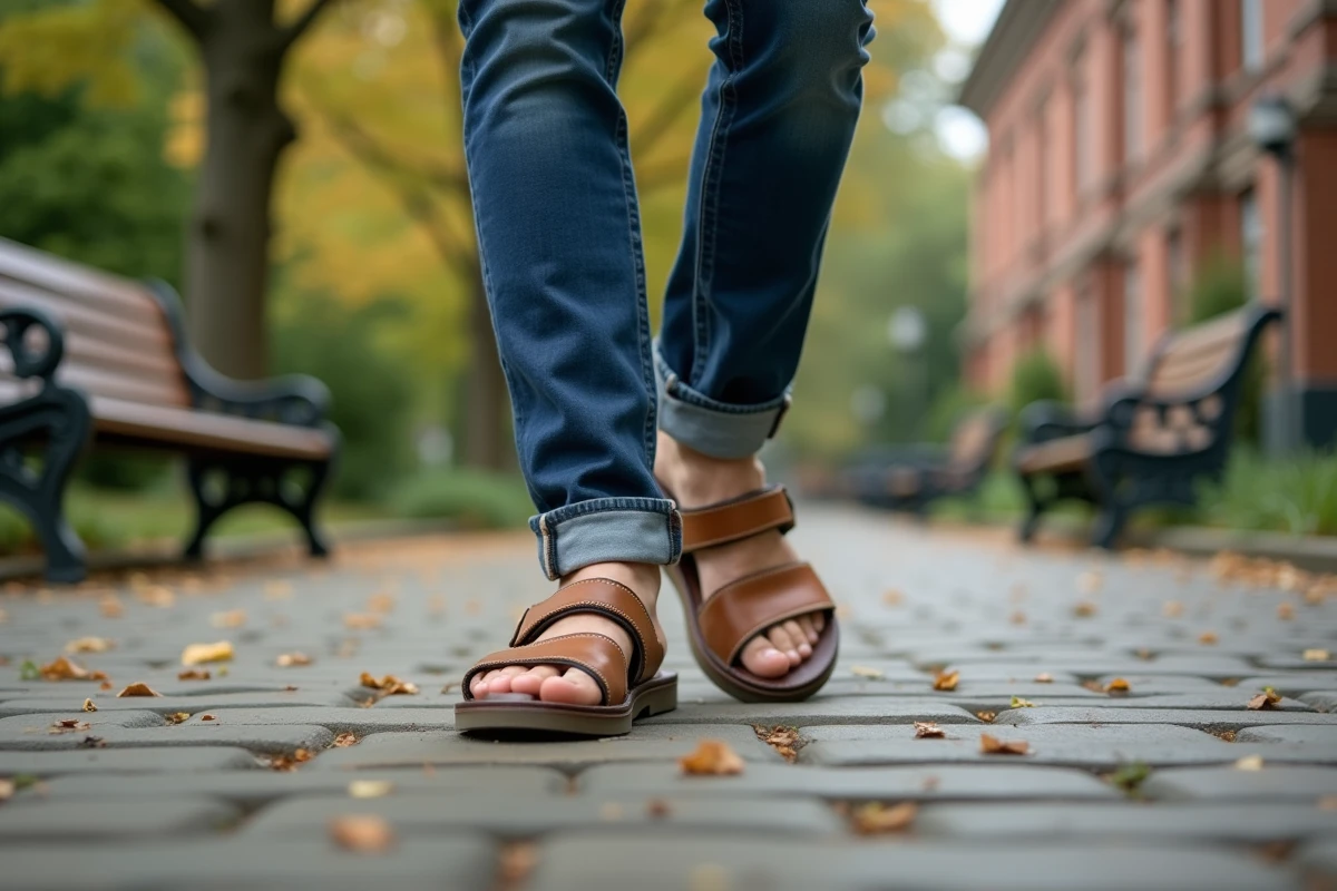 Homme marchant en sandales dans un parc urbain