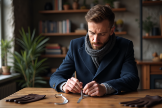 Homme en manteau bleu mesure ses mains avec un ruban