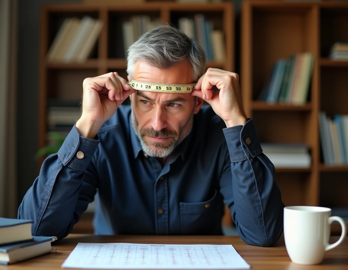Homme mesurant son tour de tête assis à un bureau en bois avec une fiche de tailles