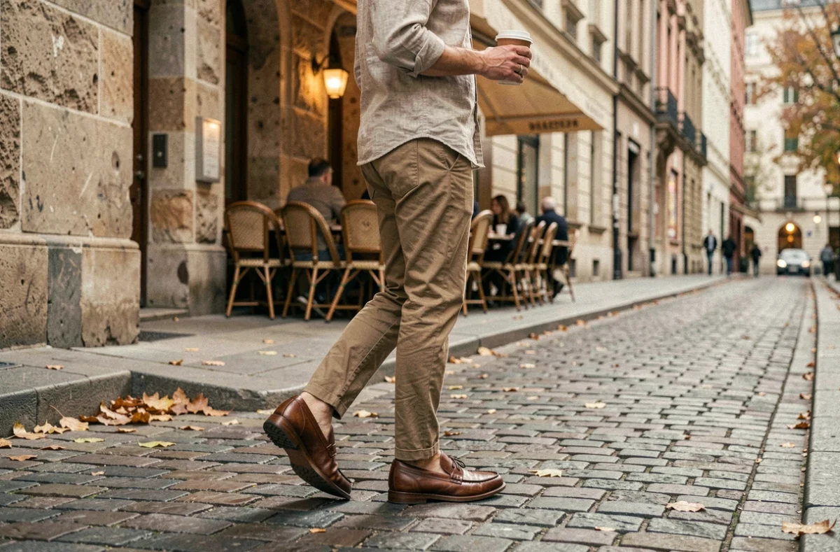 Homme marchant en mocassins confortables sur un trottoir pavé en ville le matin