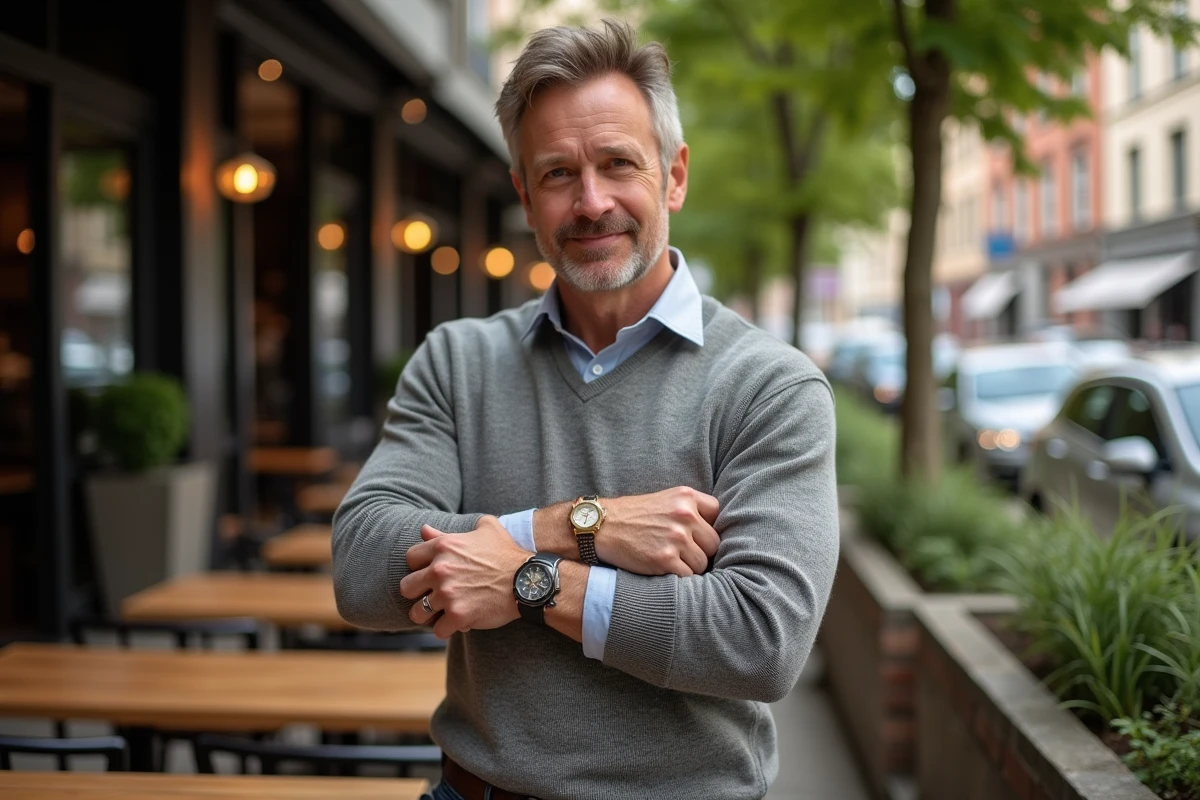 Homme compare deux montres en extérieur décontracté