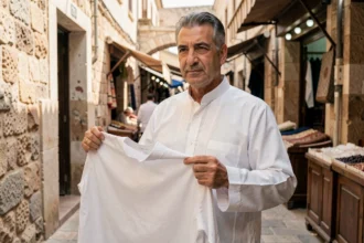 Homme portant un qamis blanc traditionnel avec broderies sur le col dans un souq au décor en pierre